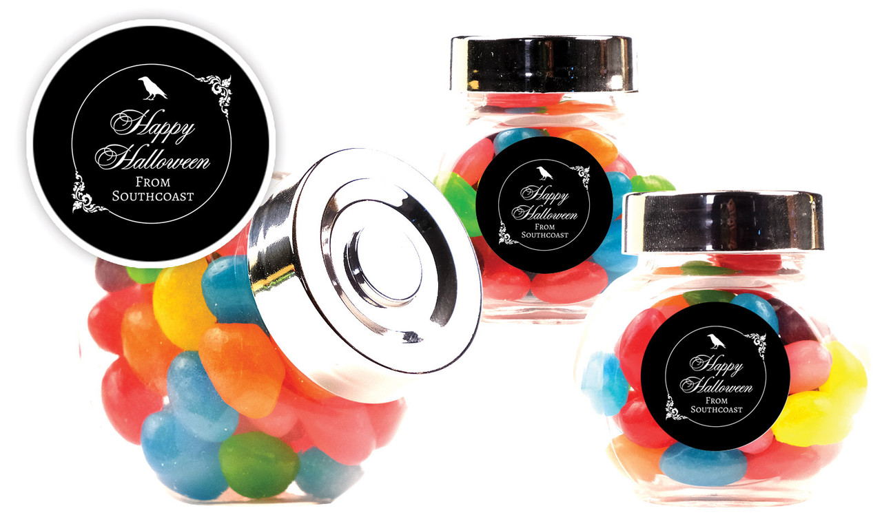 Gothic Raven Halloween Personalised Mini Candy Jar With Multicoloured Jelly Beans