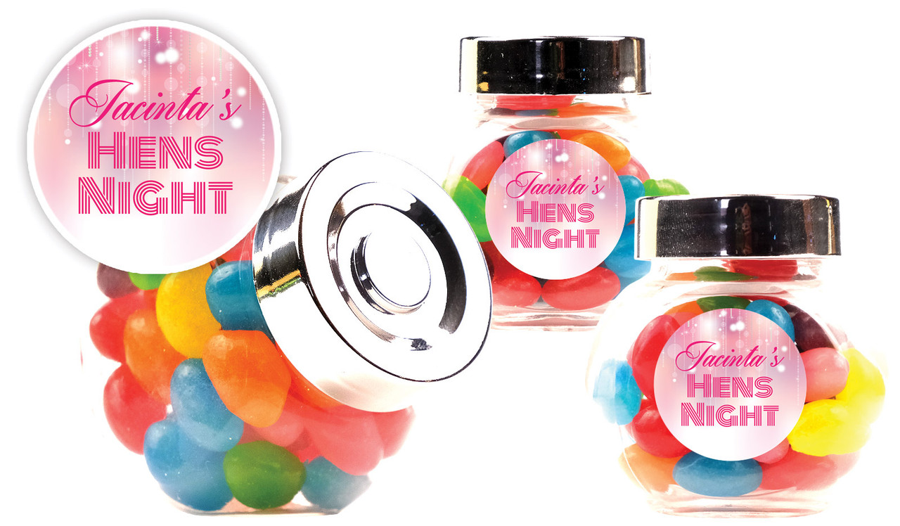 Pink Glam Hens Night Personalised Mini Candy Jar With Multicoloured Jelly Beans