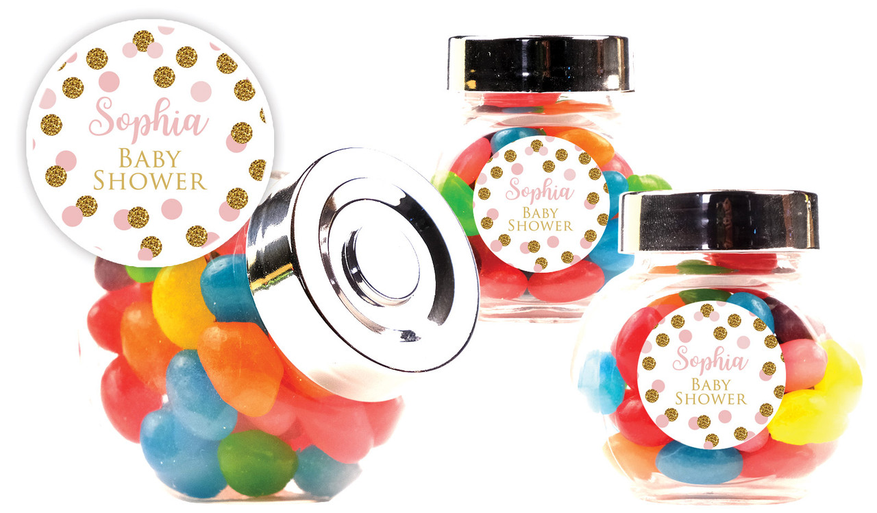 Pink Gold Confetti Baby Shower Personalised Mini Candy Jar With Multicoloured Jelly Beans