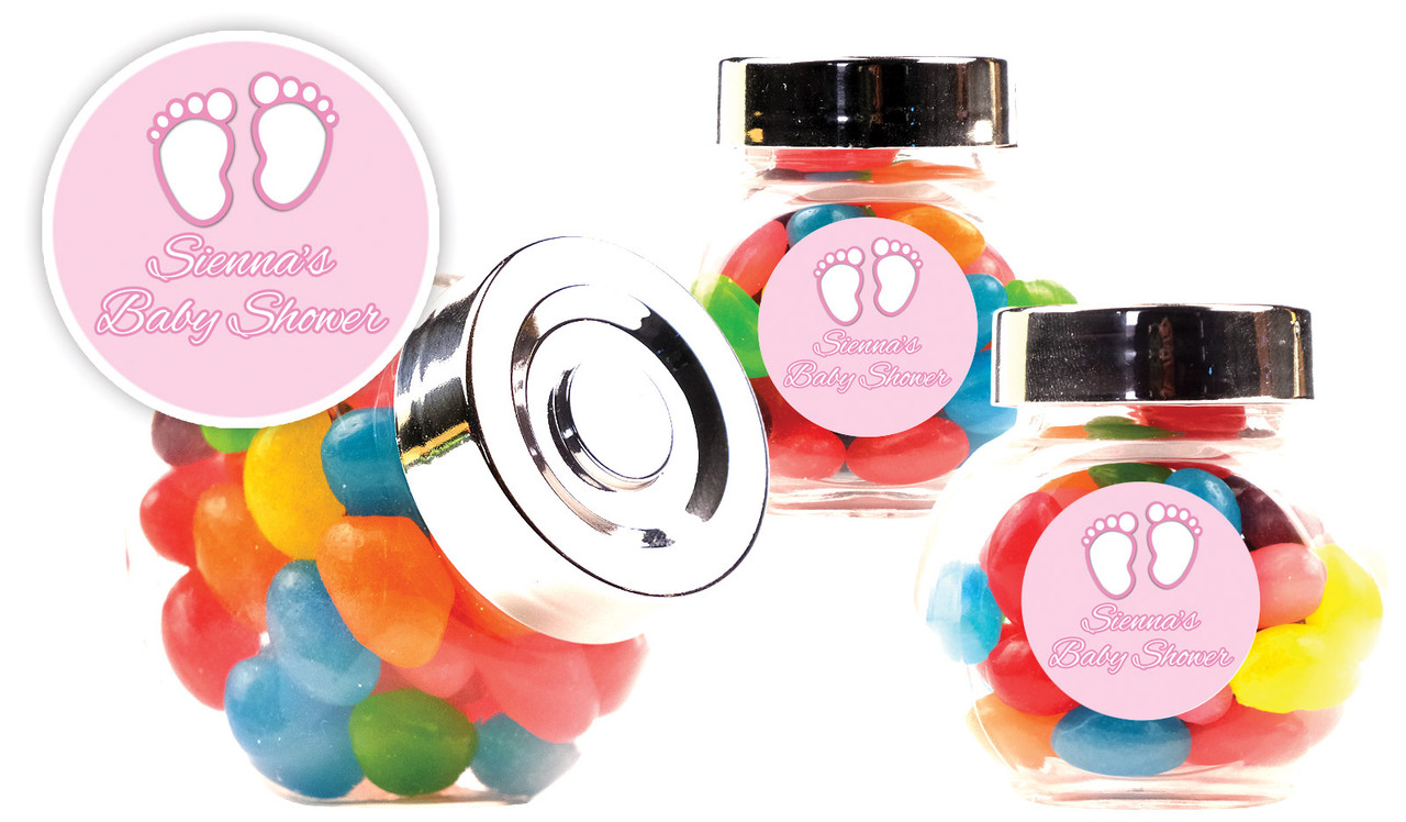 Baby Feet Pink Baby Shower Personalised Mini Candy Jar With Multicoloured Jelly Beans