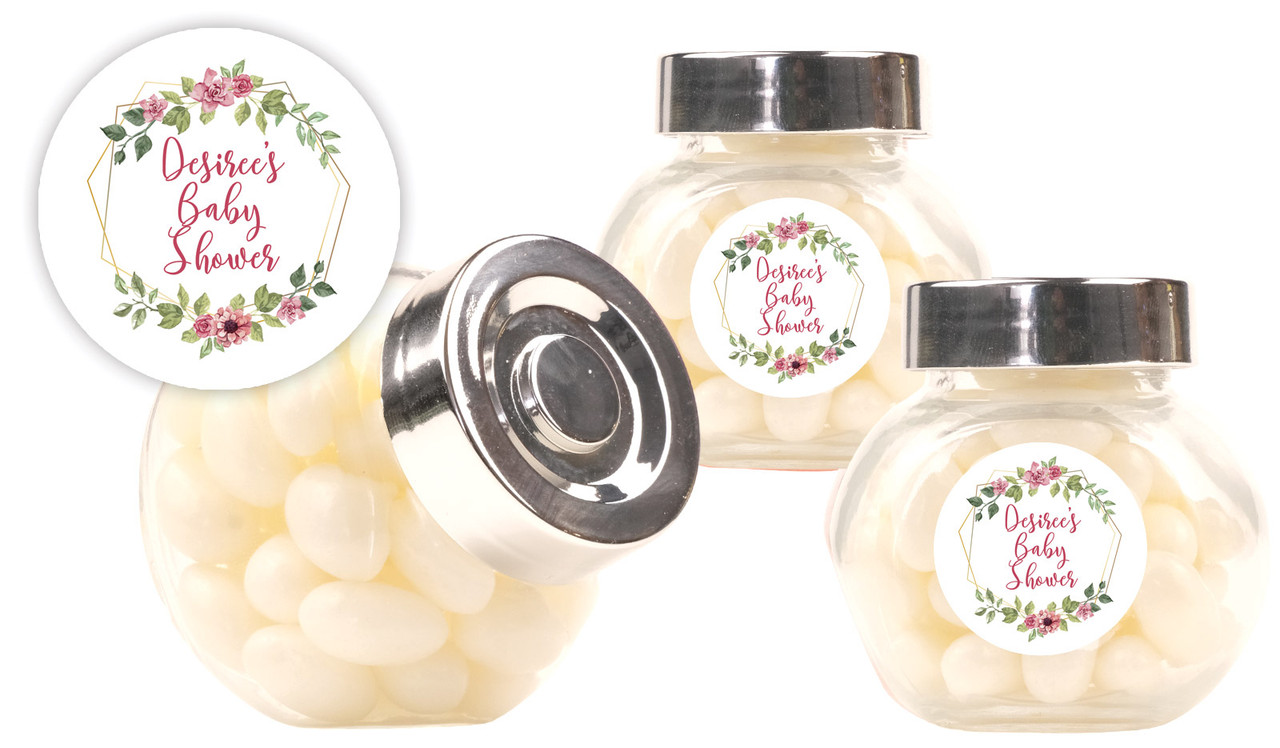 Floral Hexagons Baby Shower Personalised Mini Candy Jar