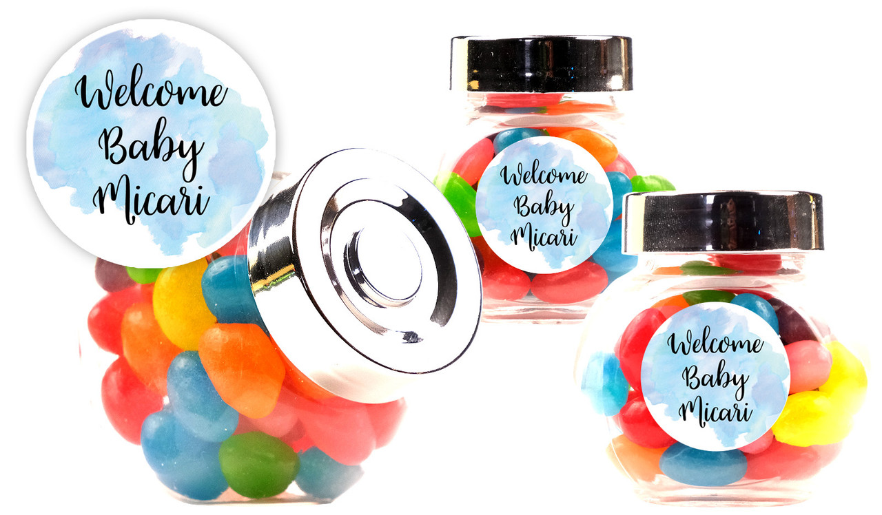 A Splash Of Watercolour Blue Birth Announcement Custom Mini Candy Jar With Multicoloured Jelly Beans