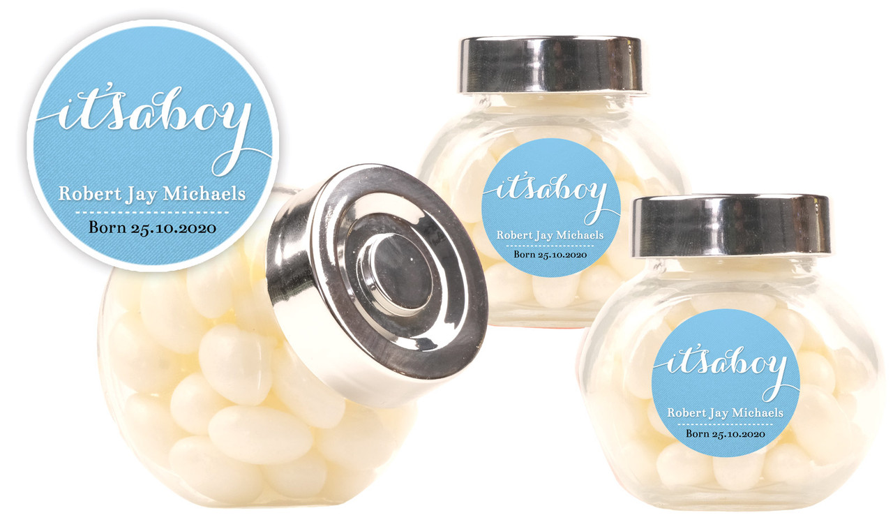 Flowing Words Boys Birth Announcement Custom Mini Candy Jar