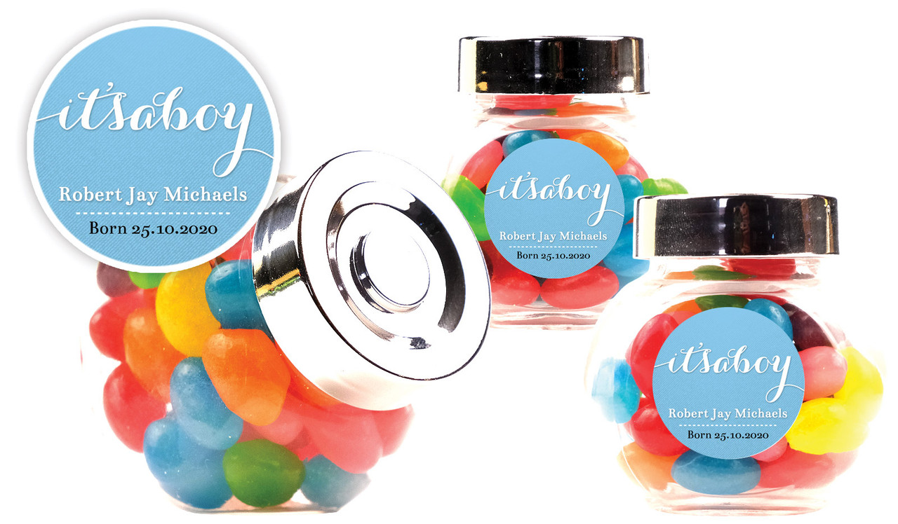 Flowing Words Boys Birth Announcement Custom Mini Candy Jar With Multicoloured Jelly Beans