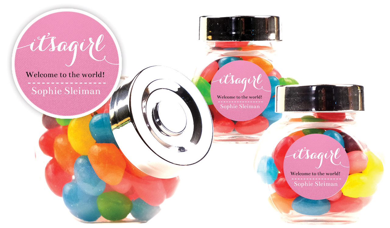 Flowing Words Girls Birth Announcement Custom Mini Candy Jar With Multicoloured Jelly Beans