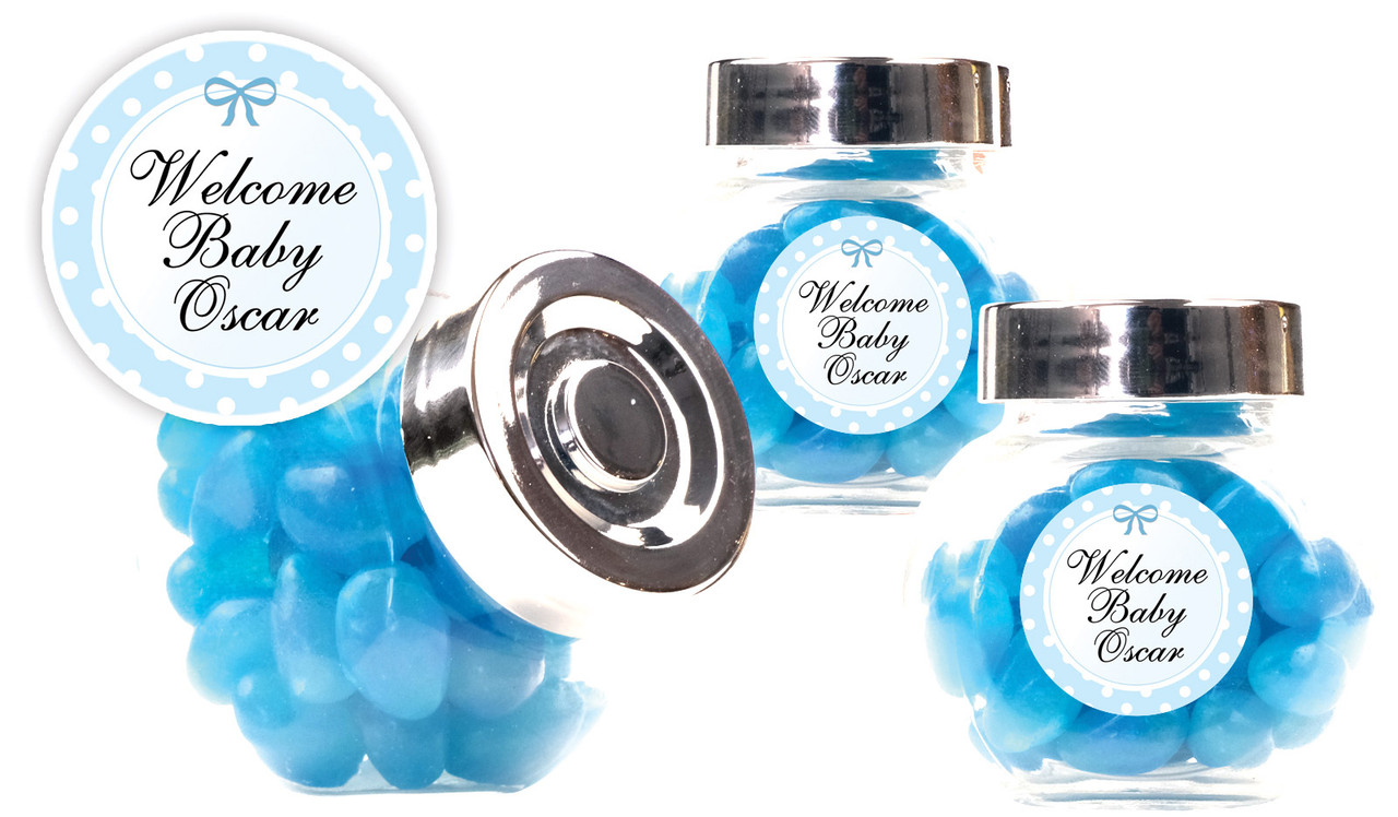 Polkadot Blue Birth Announcement Custom Mini Candy Jar
