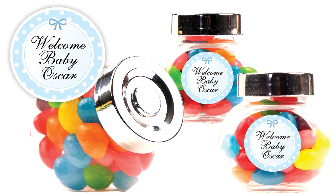 Polkadot Blue Birth Announcement Custom Mini Candy Jar With Multicoloured Jelly Beans