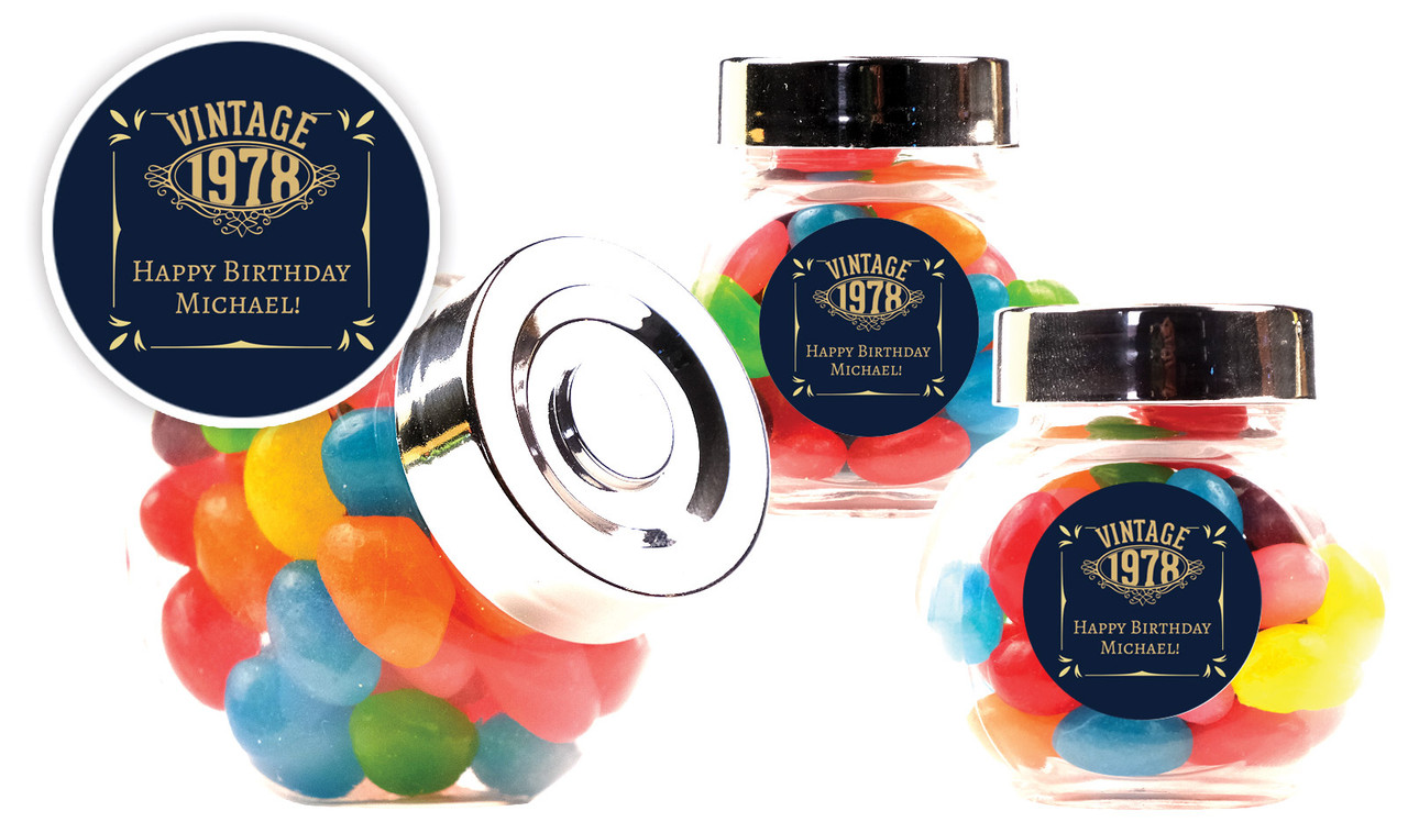 Vintage Year Personalised Mini Candy Jar With Multicoloured Jelly Beans