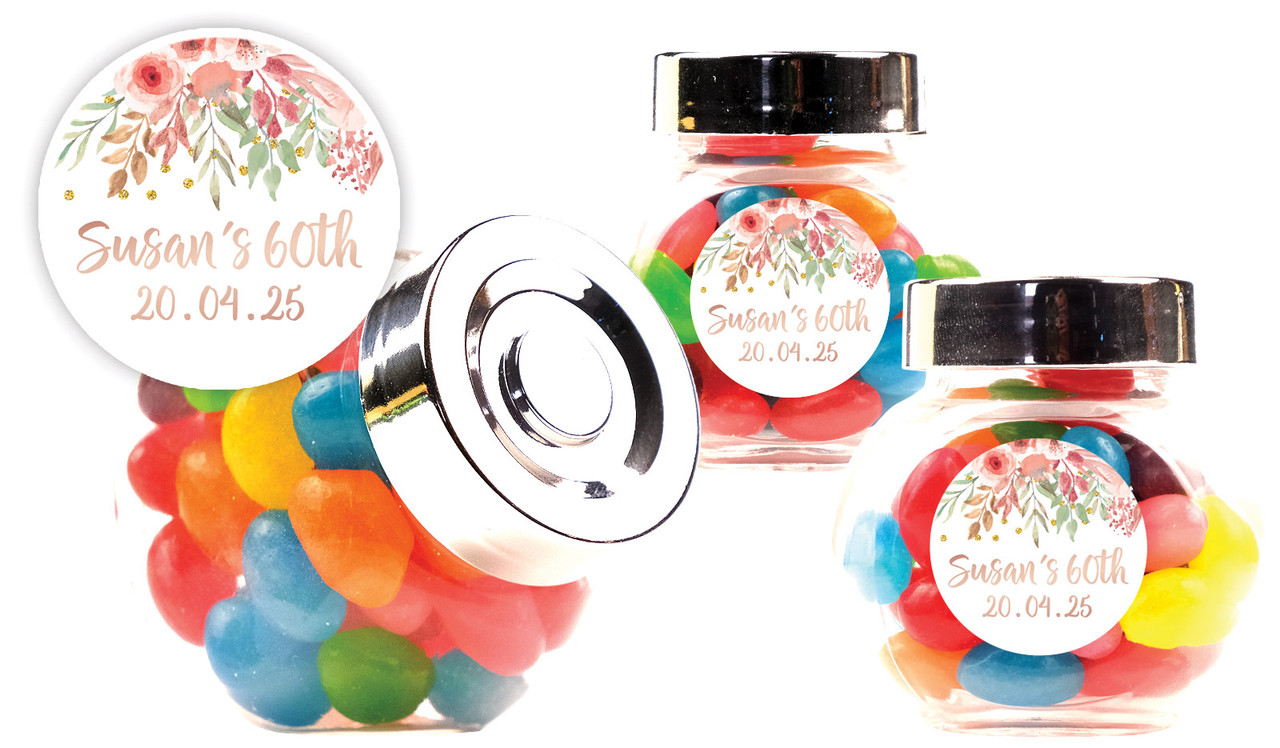 Peach Floral Personalised Mini Candy Jar With Multicoloured Jelly Beans