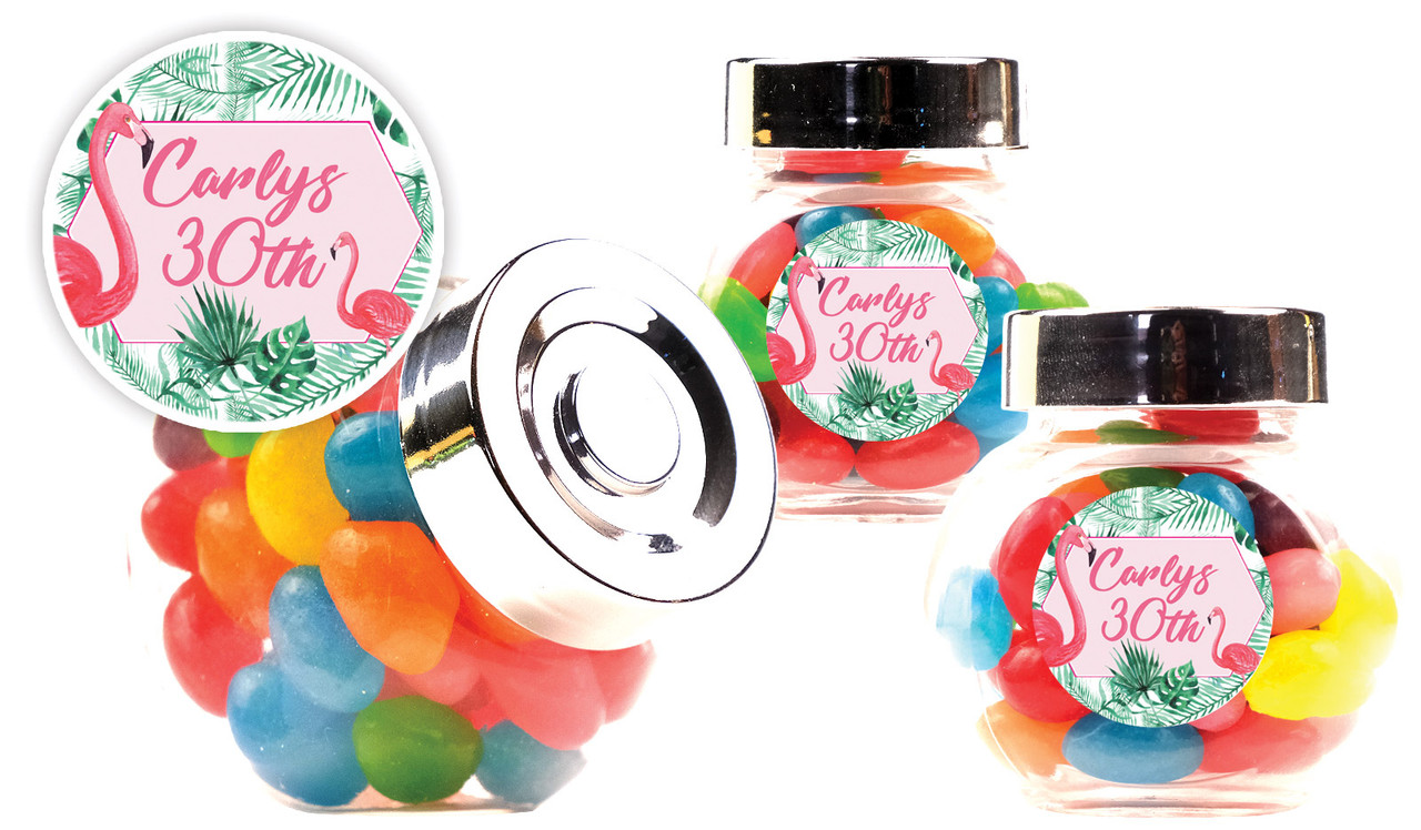 Flamingo Jungle Personalised Mini Candy Jar With Multicoloured Jelly Beans