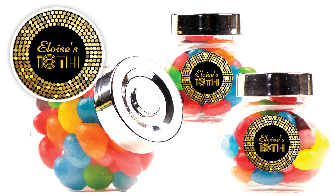 Disco Gold Personalised Mini Candy Jar With Multicoloured Jelly Beans