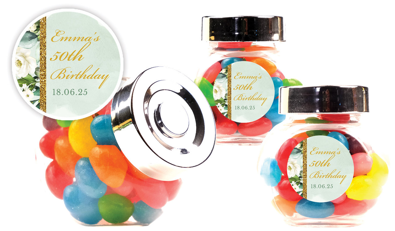 Elegant Greenery Personalised Mini Candy Jar With Multicoloured Jelly Beans
