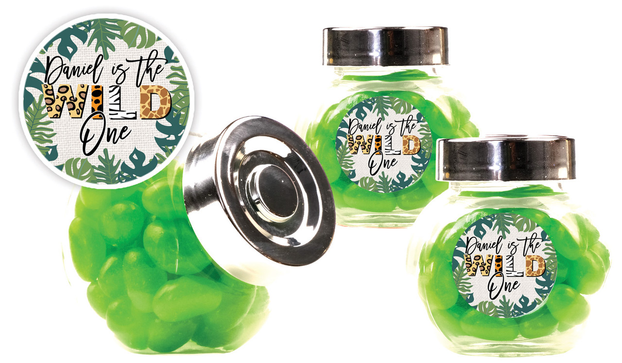 Wild One Kids Party Personalised Mini Candy Jar With Multicoloured Jelly Beans