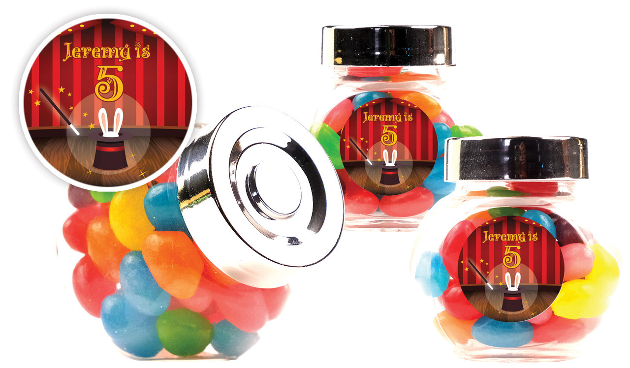 Magician Kids Party Personalised Mini Candy Jar With Multicoloured Jelly Beans