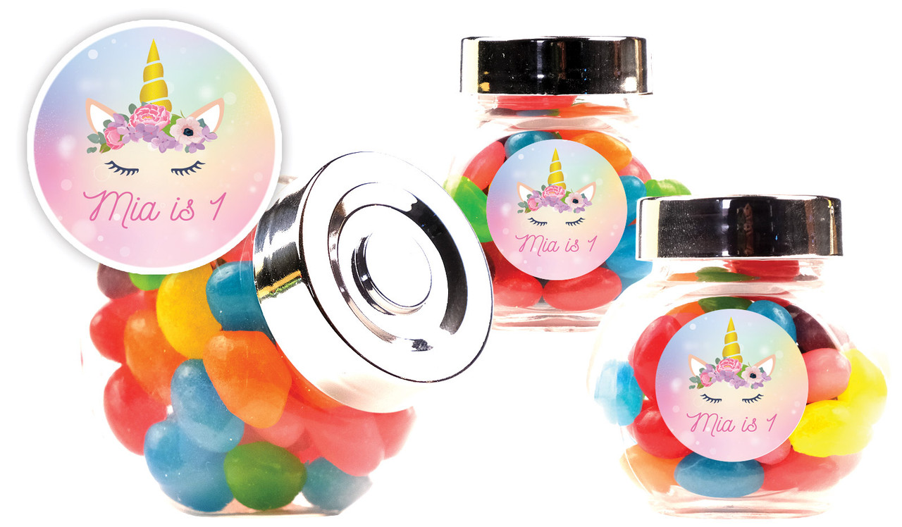 Sparkle Unicorn Kids Party Personalised Mini Candy Jar With Multicoloured Jelly Beans