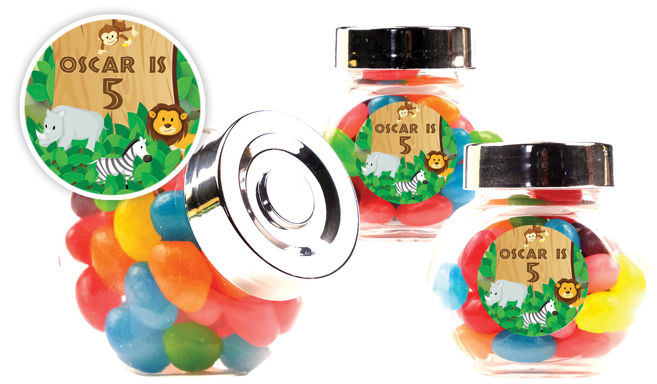 Jungle Animals Kids Party Personalised Mini Candy Jar With Multicoloured Jelly Beans
