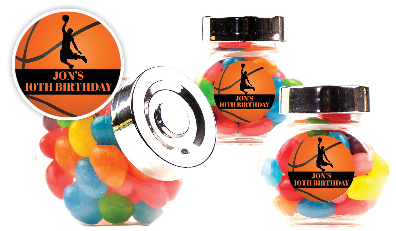Basketball Kids Party Personalised Mini Candy Jar With Multicoloured Jelly Beans
