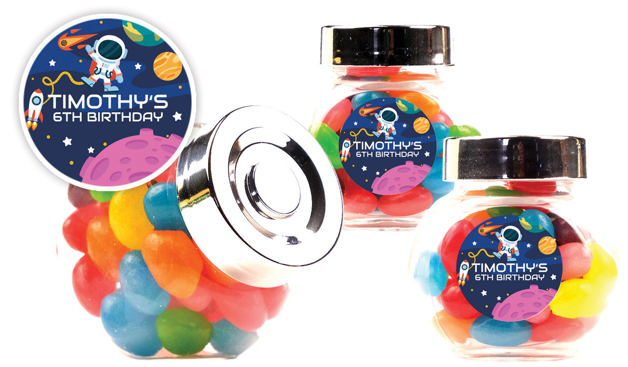 Astronaut Kids Party Personalised Mini Candy Jar With Multicoloured Jelly Beans