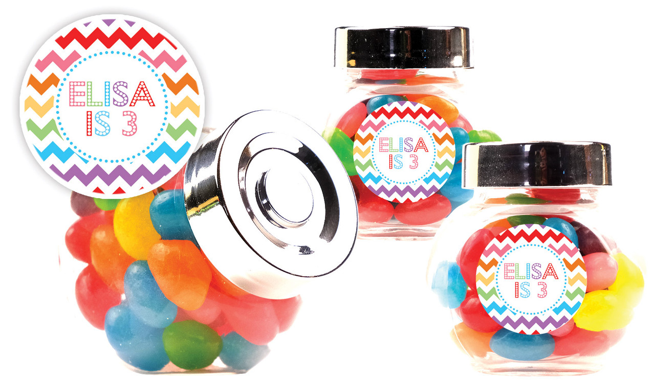 Chevron Rainbow Kids Party Personalised Mini Candy Jar With Multicoloured Jelly Beans