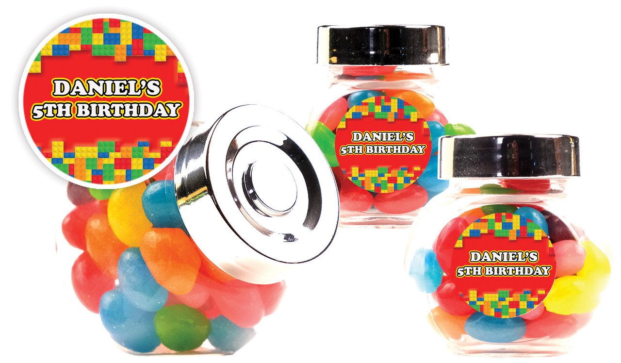 Building Blocks Kids Party Personalised Mini Candy Jar With Multicoloured Jelly Beans