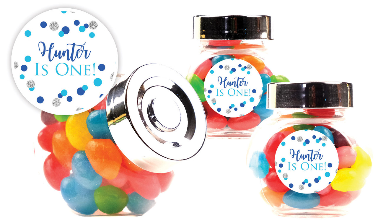 Confetti Blue And Silver Kids Party Personalised Mini Candy Jar With Multicoloured Jelly Beans