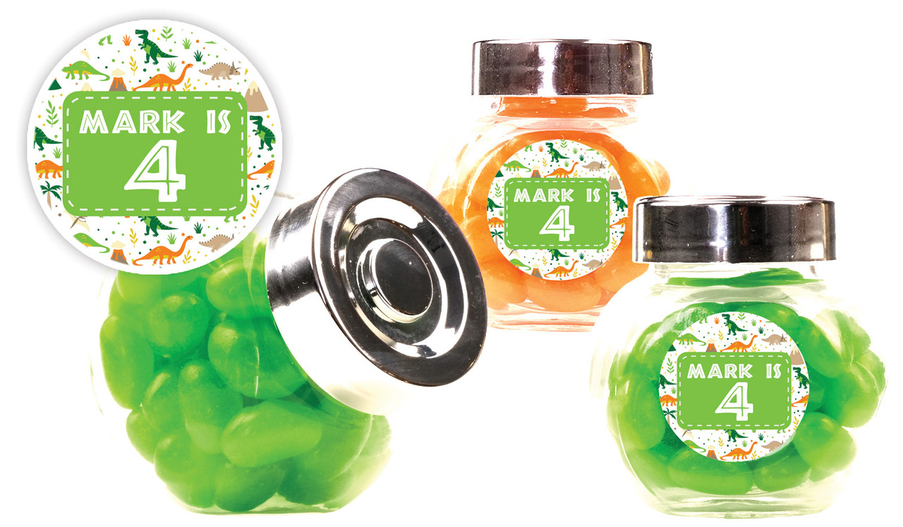 Dinosaur Background Kids Party Personalised Mini Candy Jar