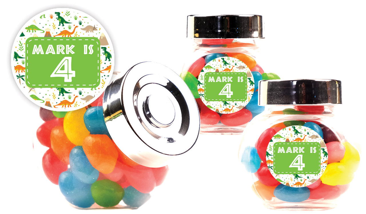 Dinosaur Background Kids Party Personalised Mini Candy Jar With Multicoloured Jelly Beans