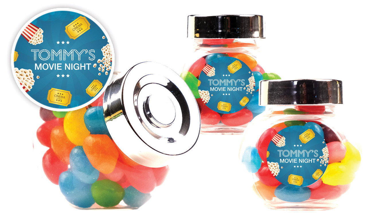 Movie Night Kids Party Personalised Mini Candy Jar With Multicoloured Jelly Beans