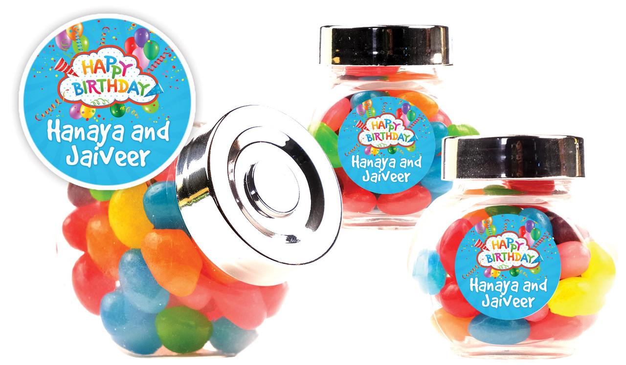 Happy Confetti Kids Party Personalised Mini Candy Jar With Multicoloured Jelly Beans