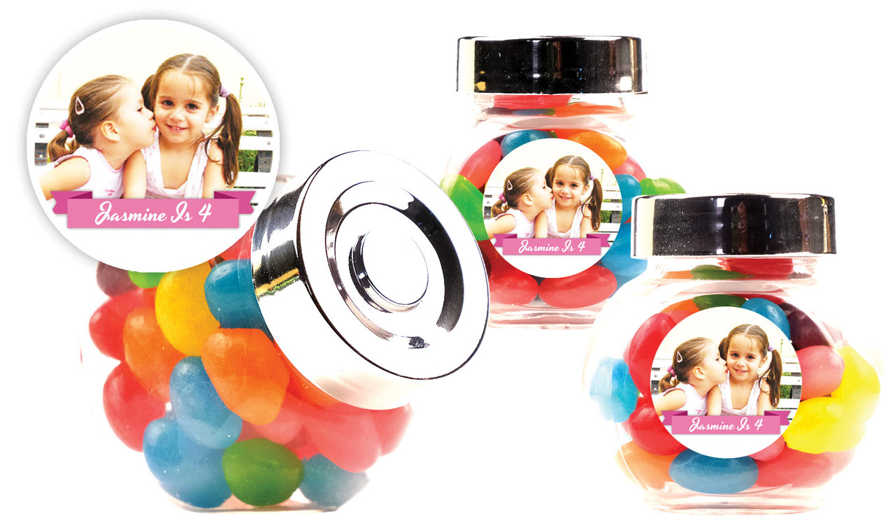 Banner Photo Pink Kids Party Personalised Mini Candy Jar With Multicoloured Jelly Beans