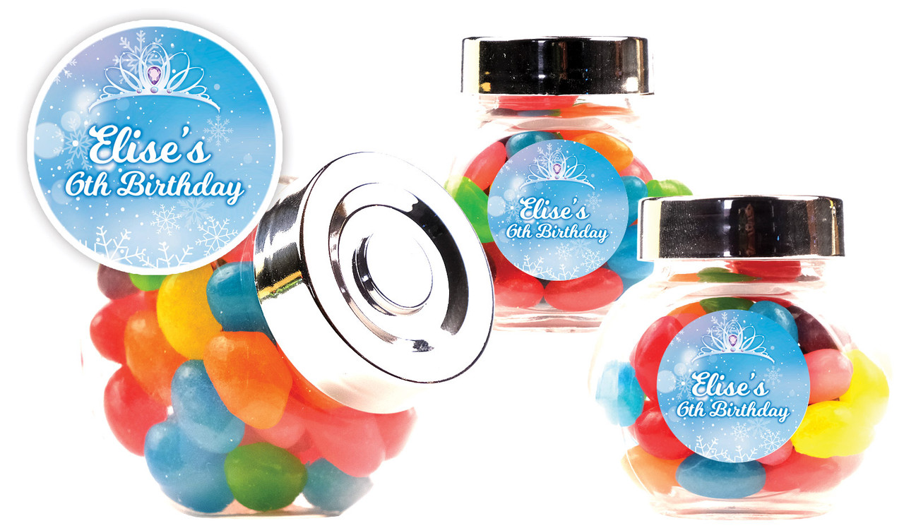 Ice Princess Kids Party Personalised Mini Candy Jar With Multicoloured Jelly Beans