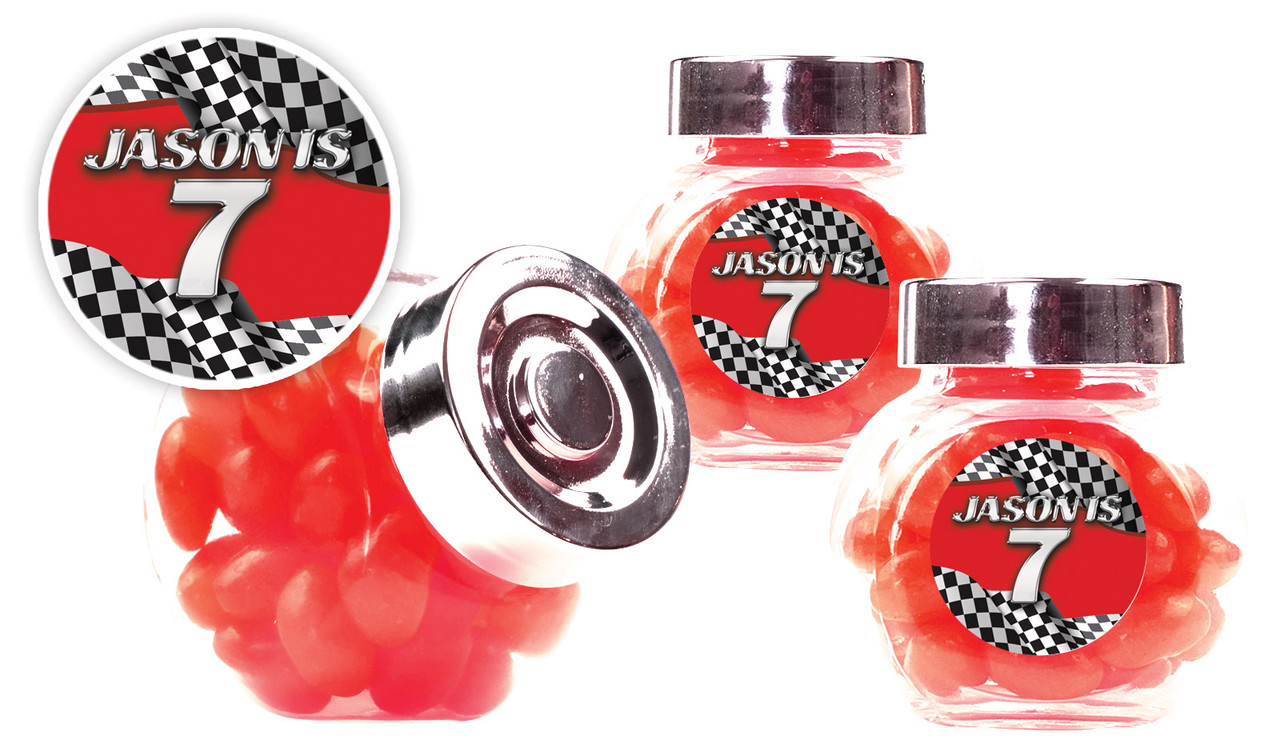 Racing Car Kids Party Personalised Mini Candy Jar With Multicoloured Jelly Beans