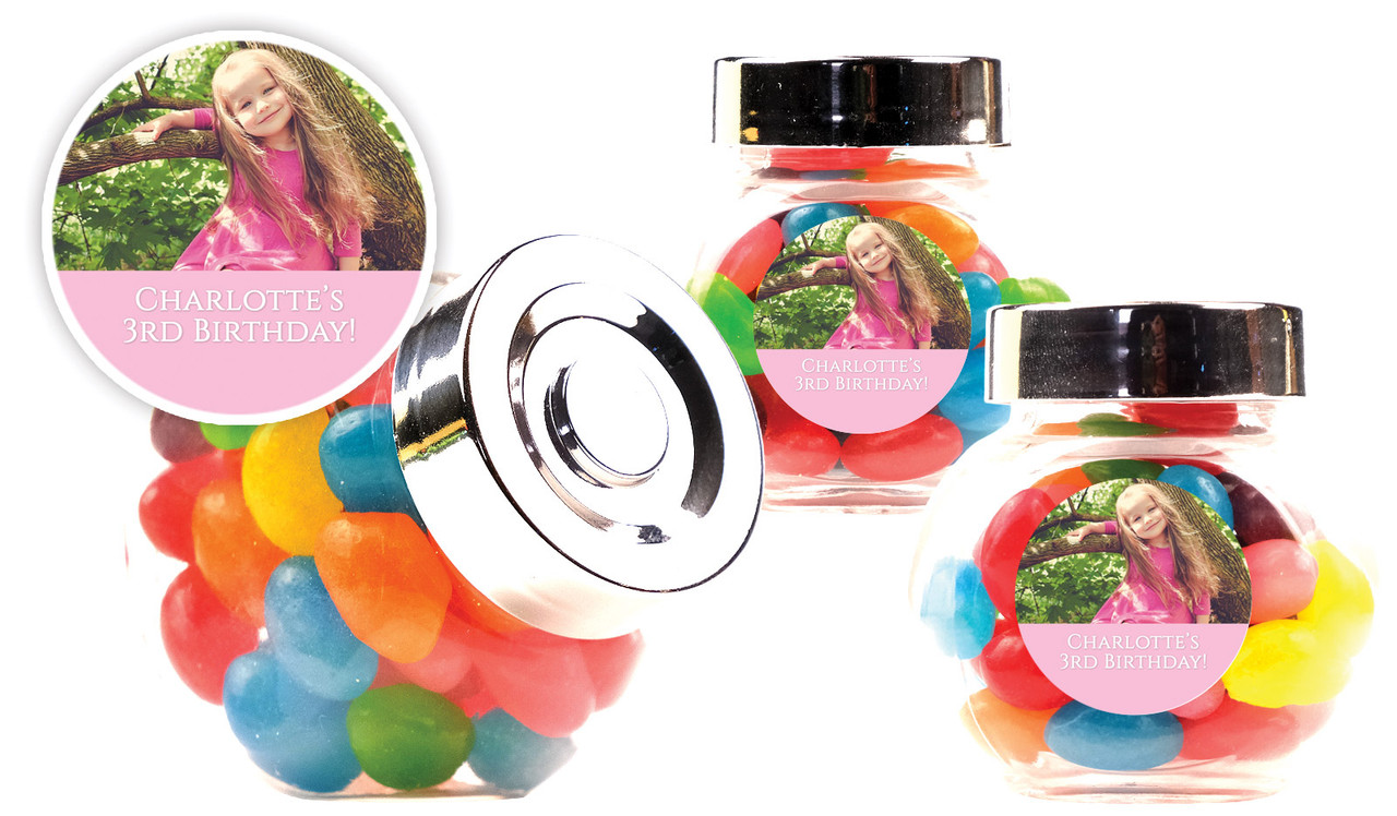 Add A Photo Girls Kids Party Personalised Mini Candy Jar With Multicoloured Jelly Beans