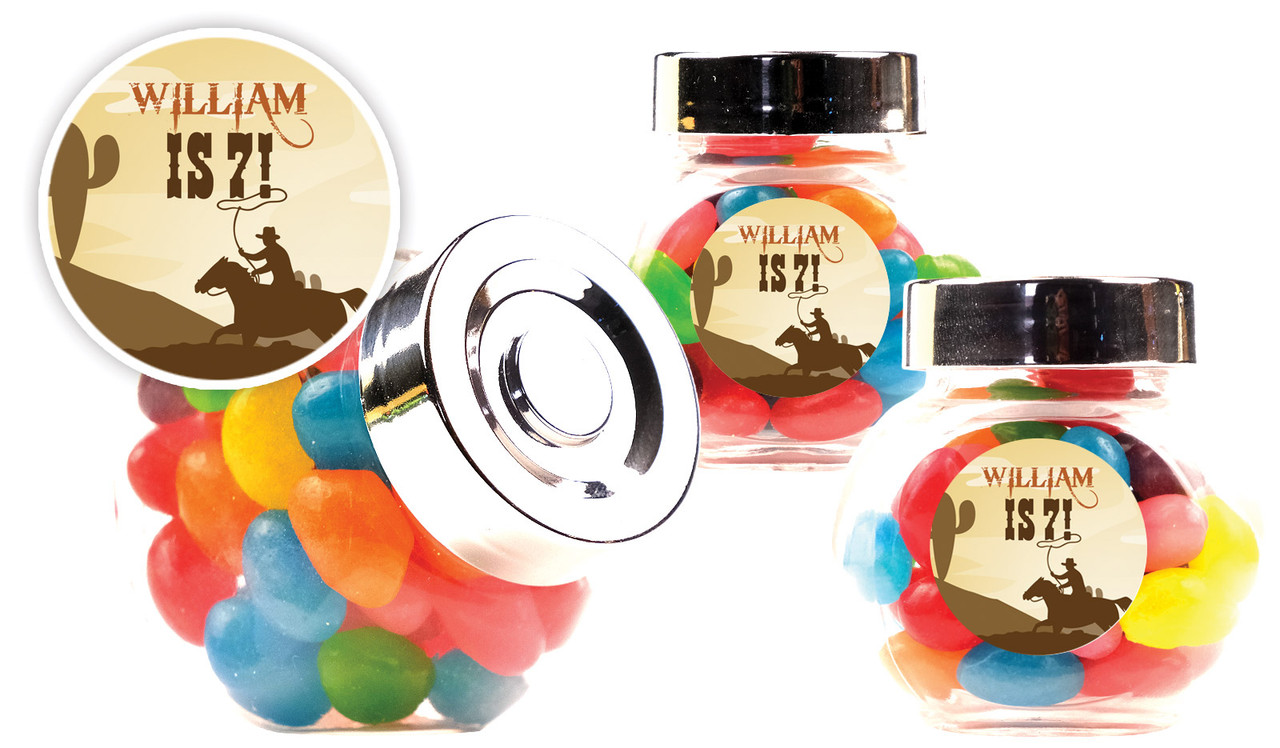 Cowboy Kids Party Personalised Mini Candy Jar With Multicoloured Jelly Beans