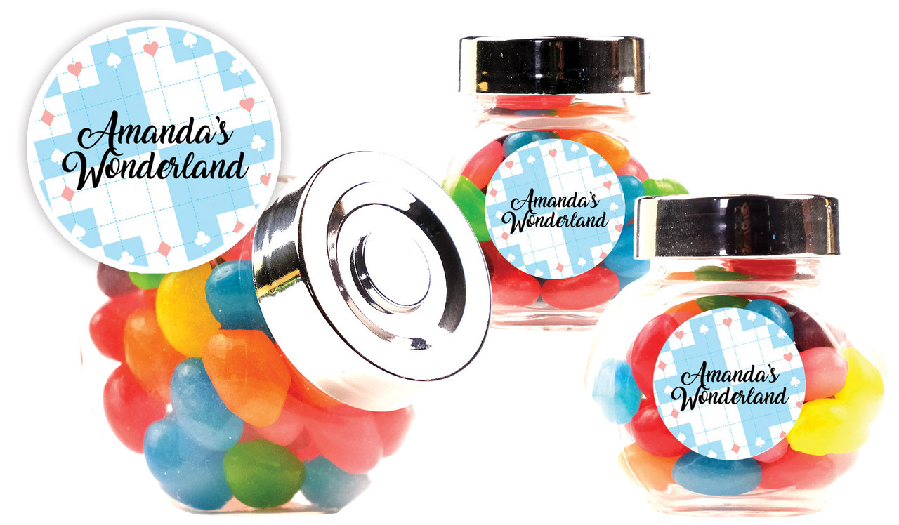 Alice In Wonderland Kids Party Personalised Mini Candy Jar With Multicoloured Jelly Beans