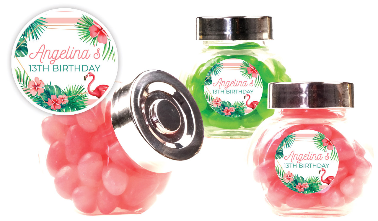 Flamingle Flamingo Kids Party Personalised Mini Candy Jar With Multicoloured Jelly Beans
