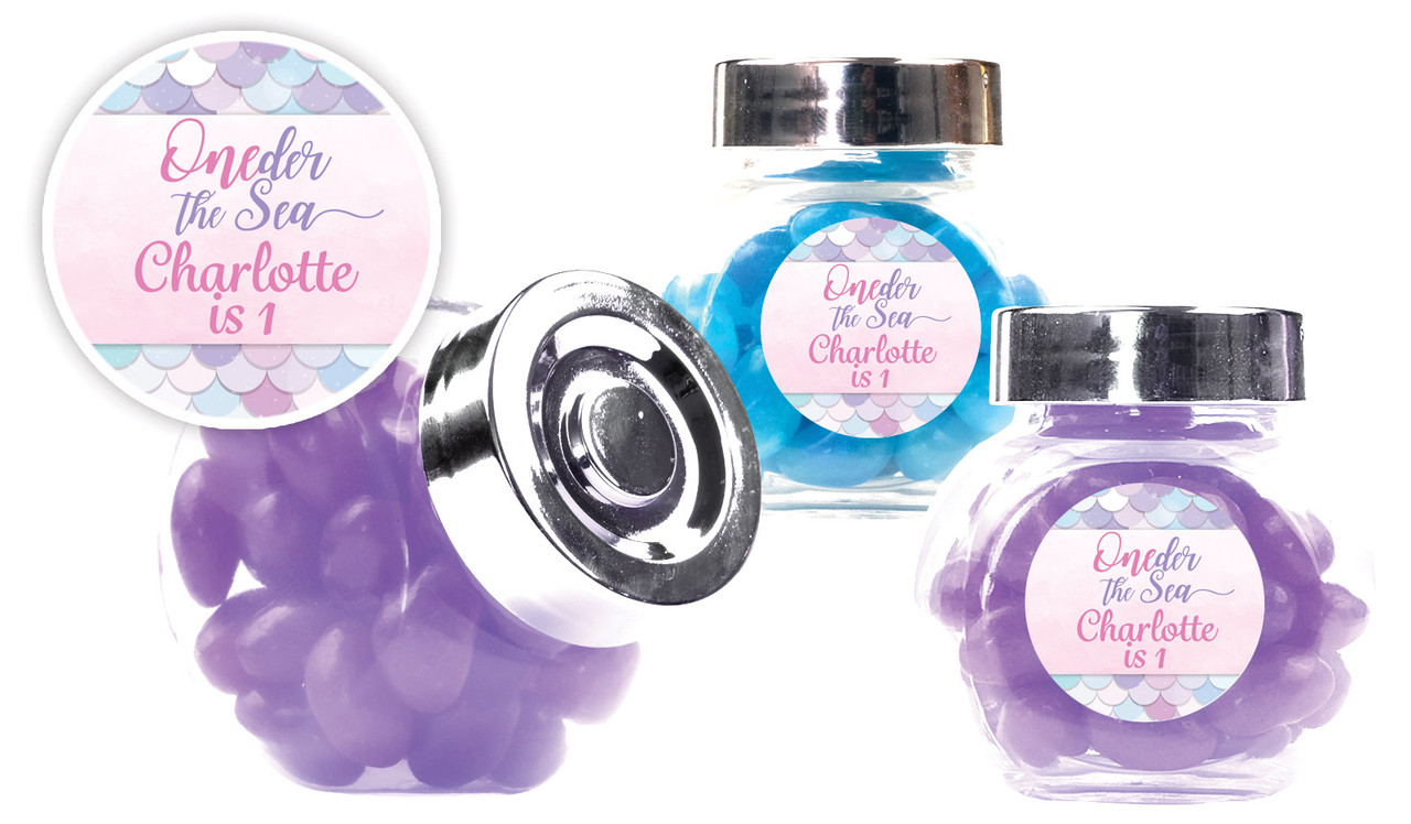 Mermaid 1st Birthday Kids Party Personalised Mini Candy Jar