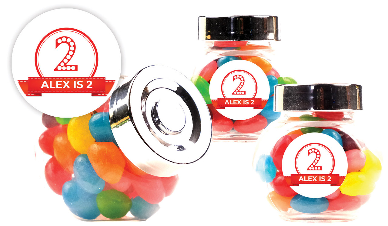 Number In Red Kids Party Personalised Mini Candy Jar With Multicoloured Jelly Beans