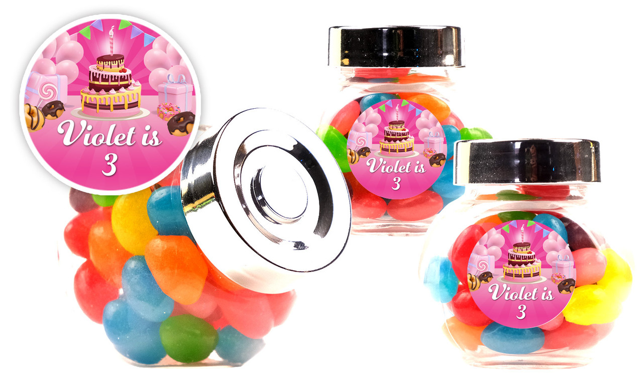 Birthday Cake Kids Party Personalised Mini Candy Jar With Multicoloured Jelly Beans