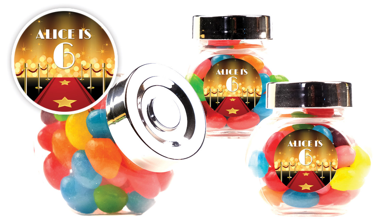 Hollywood Kids Party Personalised Mini Candy Jar With Multicoloured Jelly Beans