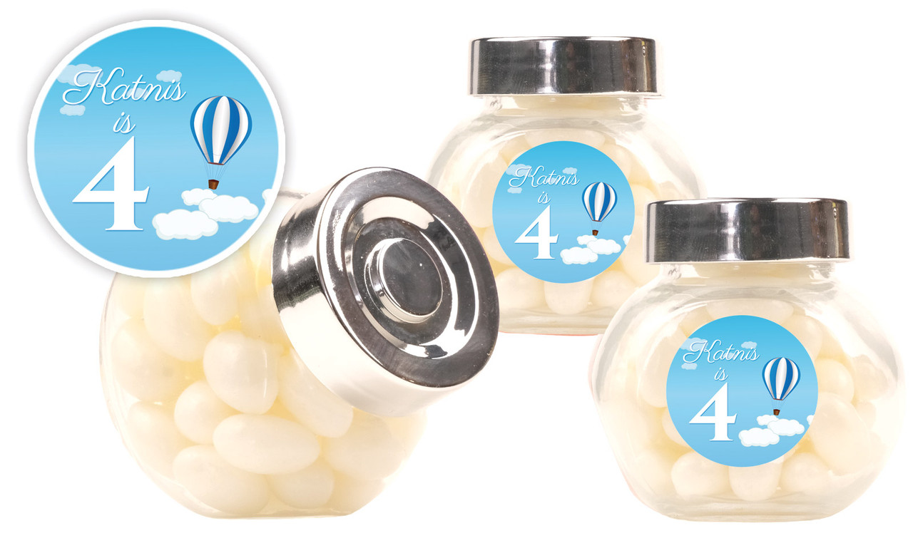 Hot Air Balloon Kids Party Personalised Mini Candy Jar With Multicoloured Jelly Beans