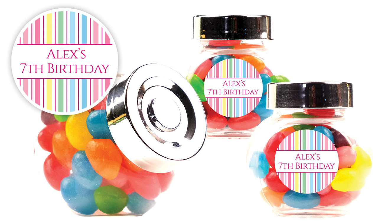 Pastel Stripe Kids Party Personalised Mini Candy Jar With Multicoloured Jelly Beans