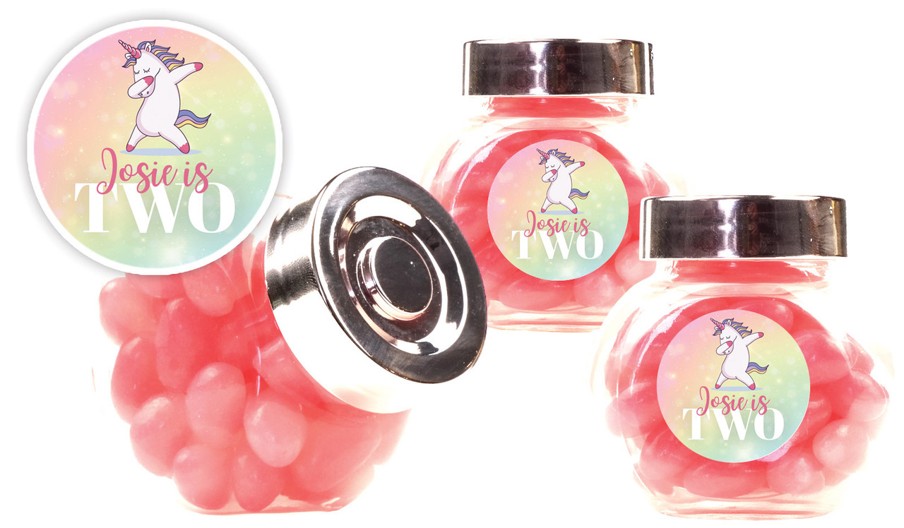 Unicorn Dabbing Kids Party Personalised Mini Candy Jar With Multicoloured Jelly Beans