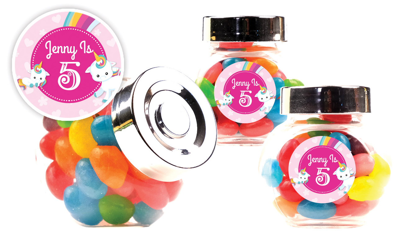 Unicorn Trio Kids Party Personalised Mini Candy Jar With Multicoloured Jelly Beans