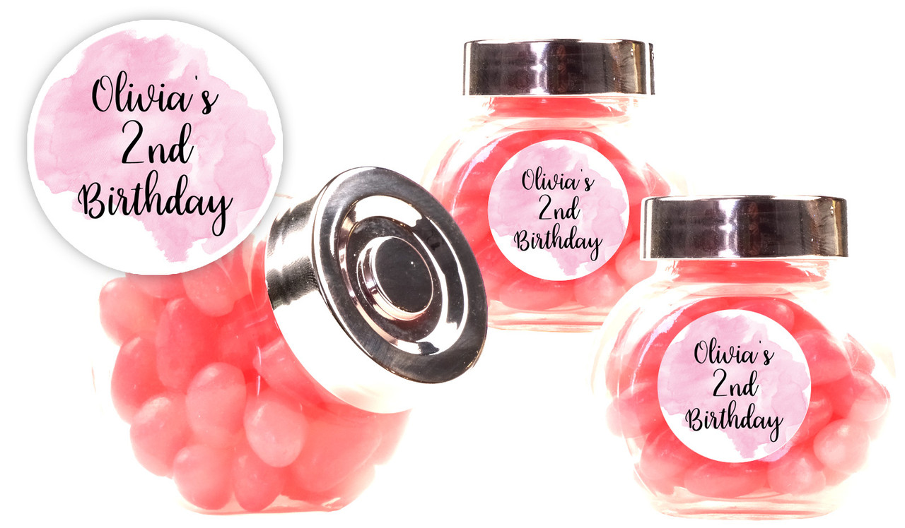 A Splash Of Watercolour Pink Kids Party Personalised Mini Candy Jar