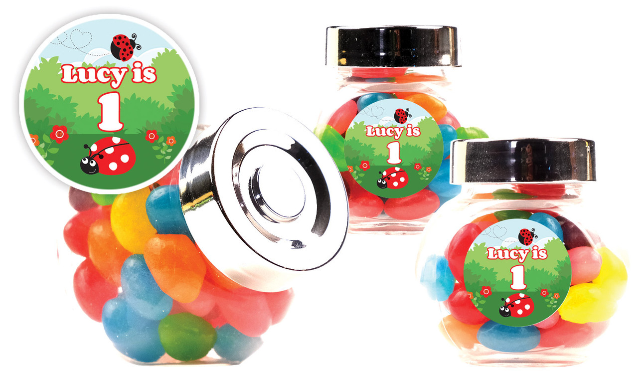 Lady Bug Kids Party Personalised Mini Candy Jar With Multicoloured Jelly Beans