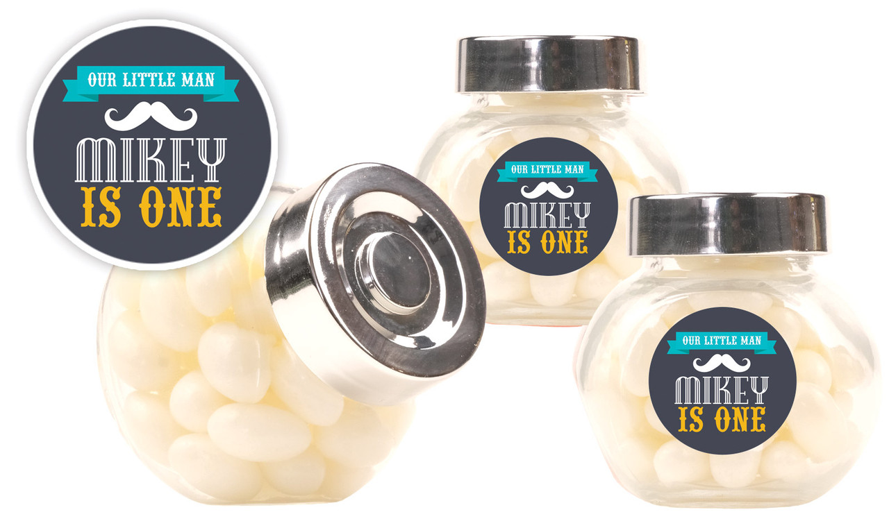 Little Man Moustache Kids Party Personalised Mini Candy Jar