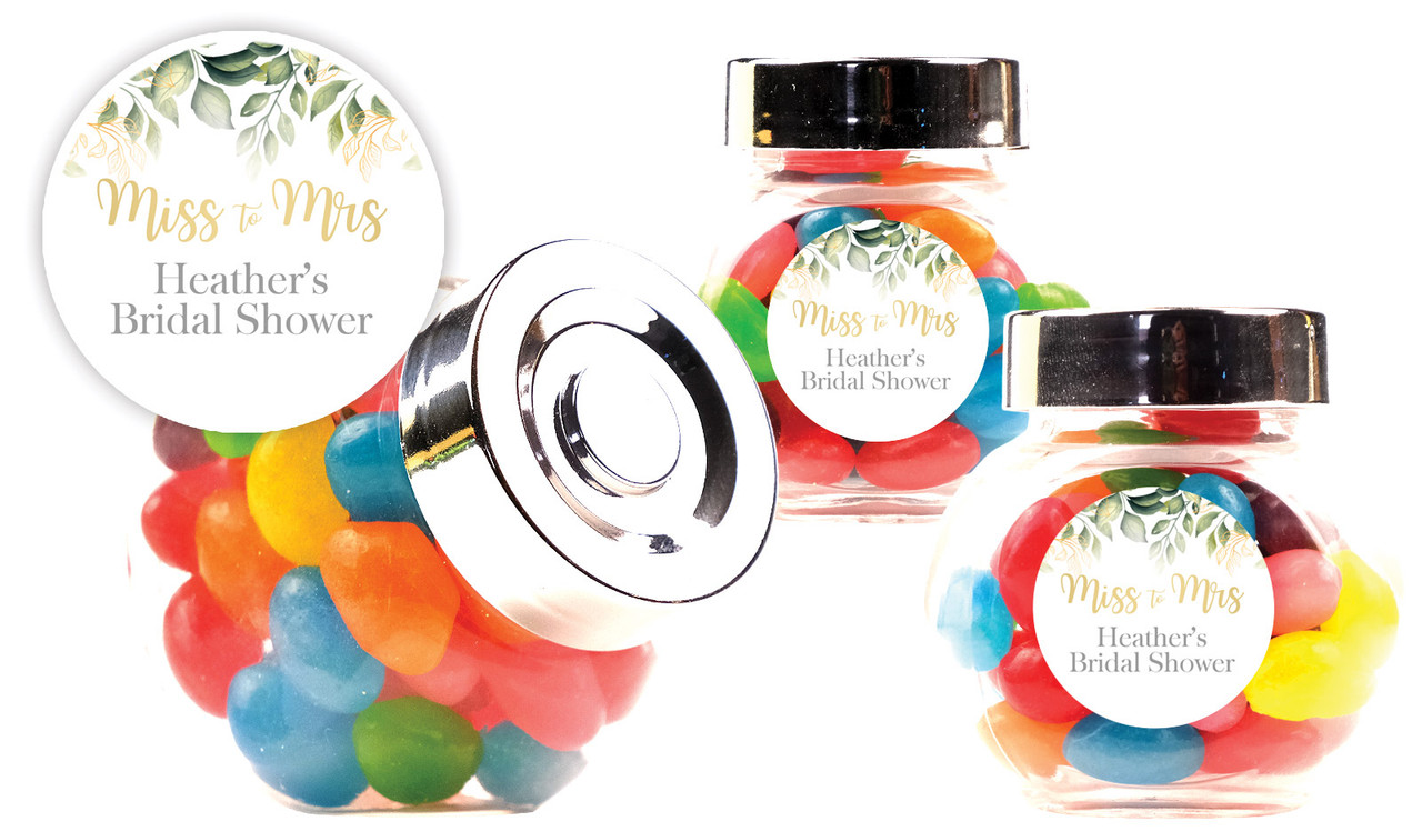 Golden Branches Bridal Shower Personalised Mini Candy Jar With Multicoloured Jelly Beans