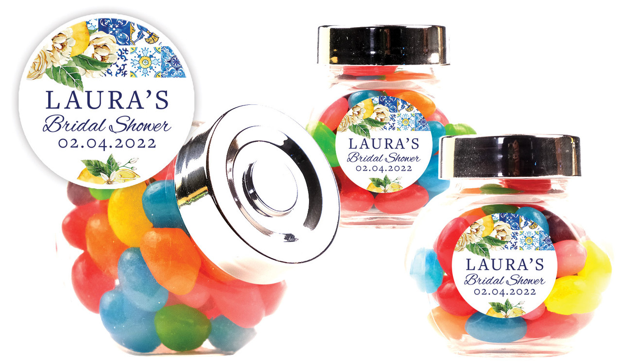 Mediterranean Bridal Shower Personalised Mini Candy Jar With Multicoloured Jelly Beans
