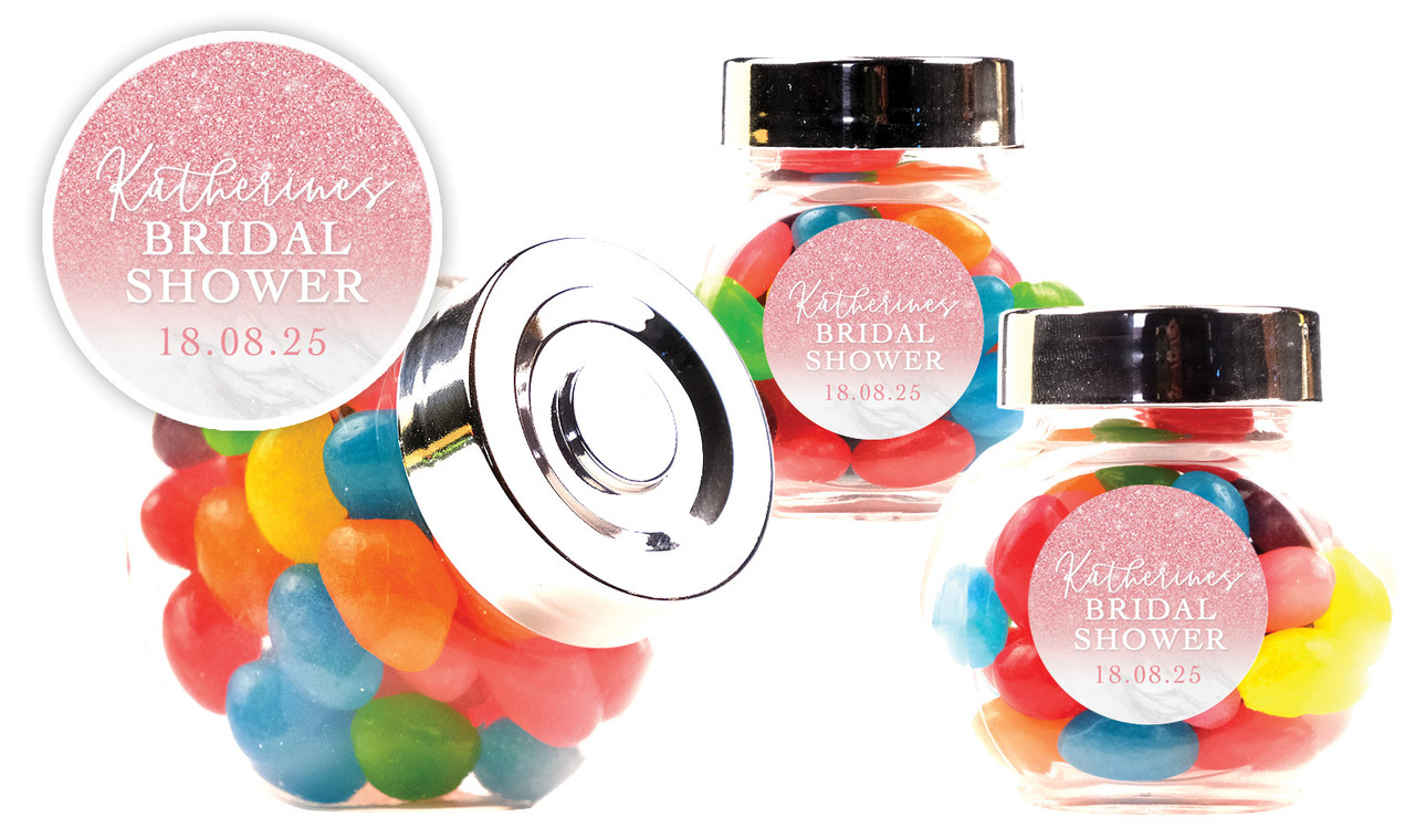 Rose Glitter Bridal Shower Personalised Mini Candy Jar With Multicoloured Jelly Beans